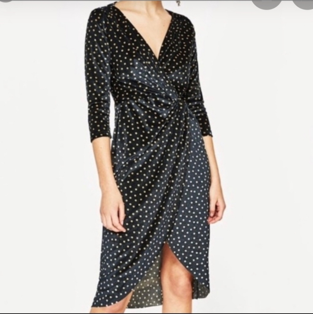 Black Off White Gold Polka Dot Velvet Dress Small Zara